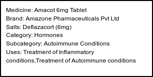 Information about Amacot 6mg Tablet (Brand: Amazone Pharmaceuticals Pvt Ltd) - Uses: Treatment of Inflammatory conditions,Treatment of Autoimmune conditions