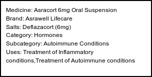 Information about Asracort 6mg Oral Suspension (Brand: Asrawell Lifecare) - Uses: Treatment of Inflammatory conditions,Treatment of Autoimmune conditions
