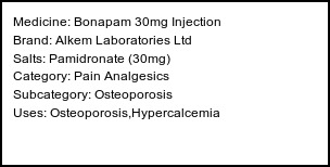 Information about Bonapam 30mg Injection (Brand: Alkem Laboratories Ltd) - Uses: Osteoporosis,Hypercalcemia