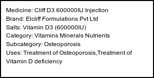 Information about Cliff D3 600000IU Injection (Brand: Elcliff Formulations Pvt Ltd) - Uses: Treatment of Osteoporosis,Treatment of Vitamin D deficiency
