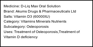 Information about D-Liq Max Oral Solution (Brand: Akums Drugs & Pharmaceuticals Ltd) - Uses: Treatment of Osteoporosis,Treatment of Vitamin D deficiency