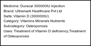 Information about Duracal 300000IU Injection (Brand: Ultramark Healthcare Pvt Ltd) - Uses: Treatment of Vitamin D deficiency,Treatment of Osteoporosis