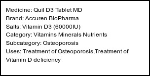Information about Quil D3 Tablet MD (Brand: Accuren BioPharma) - Uses: Treatment of Osteoporosis,Treatment of Vitamin D deficiency