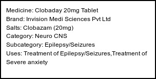 Information about Clobaday 20mg Tablet (Brand: Invision Medi Sciences Pvt Ltd) - Uses: Treatment of Epilepsy/Seizures,Treatment of Severe anxiety