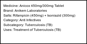 Information about Anicox 450mg/300mg Tablet (Brand: Anikem Laboratories) - Uses: Treatment of Tuberculosis (TB)
