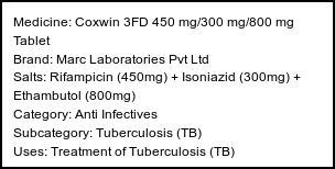 Information about Coxwin 3FD 450 mg/300 mg/800 mg Tablet (Brand: Marc Laboratories Pvt Ltd) - Uses: Treatment of Tuberculosis (TB)
