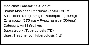 Information about Forecox 150 Tablet (Brand: Macleods Pharmaceuticals Pvt Ltd) - Uses: Treatment of Tuberculosis (TB)