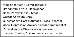 Information about Atext 12.5mg Tablet PR (Brand: Atral Cyrus Lifesciences) - Uses: Depression,Anxiety disorder,Treatment of Panic disorder,Obsessive-compulsive disorder,Phobia,Post traumatic stress disorder