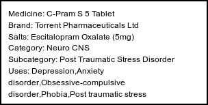 Information about C-Pram S 5 Tablet (Brand: Torrent Pharmaceuticals Ltd) - Uses: Depression,Anxiety disorder,Obsessive-compulsive disorder,Phobia,Post traumatic stress disorder,Treatment of Panic disorder