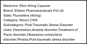 Information about Efon 40mg Capsule (Brand: Elikem Pharmaceuticals Pvt Ltd) - Uses: Depression,Anxiety disorder,Treatment of Panic disorder,Obsessive-compulsive disorder,Phobia,Post traumatic stress disorder