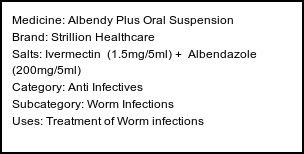 Information about Albendy Plus Oral Suspension (Brand: Strillion Healthcare) - Uses: Treatment of Worm infections