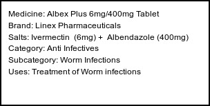 Information about Albex Plus 6mg/400mg Tablet (Brand: Linex Pharmaceuticals) - Uses: Treatment of Worm infections