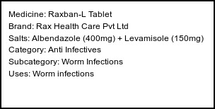 Information about Raxban-L Tablet (Brand: Rax Health Care Pvt Ltd) - Uses: Worm infections