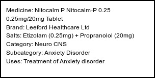 Information about Nitocalm P Nitocalm-P 0.25 0.25mg/20mg Tablet (Brand: Leeford Healthcare Ltd) - Uses: Treatment of Anxiety disorder