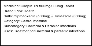 Information about Cilopin TN 500mg/600mg Tablet (Brand: Pink Health) - Uses: Treatment of Bacterial & parasitic infections