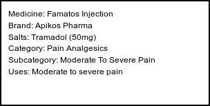 Information about Famatos Injection (Brand: Apikos Pharma) - Uses: Moderate to severe pain