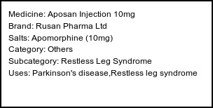 Information about Aposan Injection 10mg (Brand: Rusan Pharma Ltd) - Uses: Parkinson's disease,Restless leg syndrome