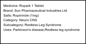 Information about Ropark 1 Tablet (Brand: Sun Pharmaceutical Industries Ltd) - Uses: Parkinson's disease,Restless leg syndrome