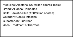 Information about Alacforte 120Million spores Tablet (Brand: Alliance Remedies) - Uses: Treatment of Diarrhea