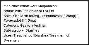 Information about Axioff OZR Suspension (Brand: Axis Life Science Pvt Ltd) - Uses: Treatment of Diarrhea,Treatment of Dysentery