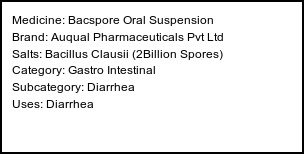 Information about Bacspore Oral Suspension (Brand: Auqual Pharmaceuticals Pvt Ltd) - Uses: Diarrhea