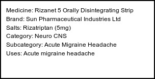 Information about Rizanet 5 Orally Disintegrating Strip (Brand: Sun Pharmaceutical Industries Ltd) - Uses: Acute migraine headache