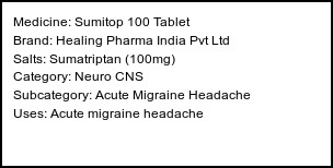 Information about Sumitop 100 Tablet (Brand: Healing Pharma India Pvt Ltd) - Uses: Acute migraine headache