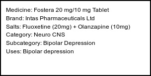 Information about Fostera 20 mg/10 mg Tablet (Brand: Intas Pharmaceuticals Ltd) - Uses: Bipolar depression