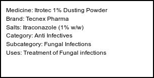 Information about Itrotec 1% Dusting Powder (Brand: Tecnex Pharma) - Uses: Treatment of Fungal infections