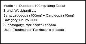 Information about Duodopa 100mg/10mg Tablet (Brand: Wockhardt Ltd) - Uses: Treatment of Parkinson's disease
