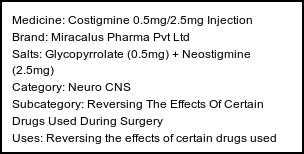 Information about Costigmine 0.5mg/2.5mg Injection (Brand: Miracalus Pharma Pvt Ltd) - Uses: Reversing the effects of certain drugs used during surgery