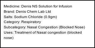 Information about Denis NS Solution for Infusion (Brand: Denis Chem Lab Ltd) - Uses: Treatment of Nasal congestion (blocked nose)