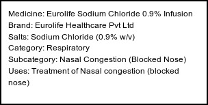 Information about Eurolife Sodium Chloride 0.9% Infusion (Brand: Eurolife Healthcare Pvt Ltd) - Uses: Treatment of Nasal congestion (blocked nose)