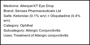 Information about Allerpat KT Eye Drop (Brand: Senses Pharmaceuticals Ltd) - Uses: Treatment of Allergic conjunctivitis