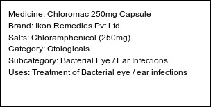 Information about Chloromac 250mg Capsule (Brand: Ikon Remedies Pvt Ltd) - Uses: Treatment of Bacterial eye / ear infections