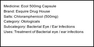 Information about Ecol 500mg Capsule (Brand: Esquire Drug House) - Uses: Treatment of Bacterial eye / ear infections