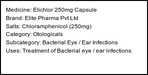 Information about Elichlor 250mg Capsule (Brand: Elite Pharma Pvt Ltd) - Uses: Treatment of Bacterial eye / ear infections