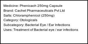 Information about Phenicach 250mg Capsule (Brand: Cachet Pharmaceuticals Pvt Ltd) - Uses: Treatment of Bacterial eye / ear infections