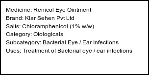Information about Renicol Eye Ointment (Brand: Klar Sehen Pvt Ltd) - Uses: Treatment of Bacterial eye / ear infections