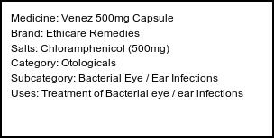 Information about Venez 500mg Capsule (Brand: Ethicare Remedies) - Uses: Treatment of Bacterial eye / ear infections