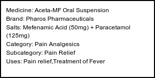 Information about Aceta-MF Oral Suspension (Brand: Pharos Pharmaceuticals) - Uses: Pain relief,Treatment of Fever