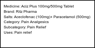 Information about Aciz Plus 100mg/500mg Tablet (Brand: Ritz Pharma) - Uses: Pain relief