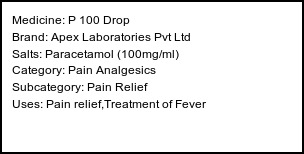 Information about P 100 Drop (Brand: Apex Laboratories Pvt Ltd) - Uses: Pain relief,Treatment of Fever