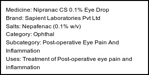 Information about Nipranac CS 0.1% Eye Drop (Brand: Sapient Laboratories Pvt Ltd) - Uses: Treatment of Post-operative eye pain and inflammation