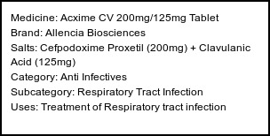 Information about Acxime CV 200mg/125mg Tablet (Brand: Allencia Biosciences) - Uses: Treatment of Respiratory tract infection