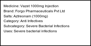 Information about Vazet 1000mg Injection (Brand: Forgo Pharmaceuticals Pvt Ltd) - Uses: Severe bacterial infections