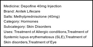 Information about Depofine 40mg Injection (Brand: Anitek Lifecare) - Uses: Treatment of Allergic conditions,Treatment of Systemic lupus erythematosus (SLE),Treatment of Skin disorders,Treatment of Eye disorders,Treatment of Rheumatic disorder