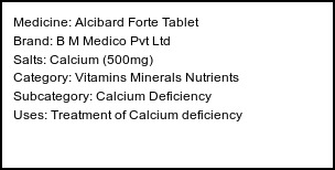 Information about Alcibard Forte Tablet (Brand: B M Medico Pvt Ltd) - Uses: Treatment of Calcium deficiency