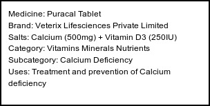 Information about Puracal Tablet (Brand: Veterix Lifesciences Private Limited) - Uses: Treatment and prevention of Calcium deficiency