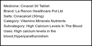 Information about Cinacet 30 Tablet (Brand: La Renon Healthcare Pvt Ltd) - Uses: High calcium levels in the blood,Hyperparathyroidism